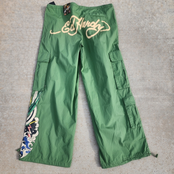 Ed Hardy Pants - NWT Ed Hardy Cotton Peacock Poplin Wide Leg Army Green Cargo Pant Women's L